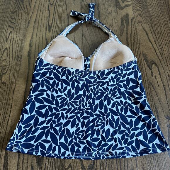 Lands End Women Black White Leaf Floral Halter Tankini Swim Suit Top Size 14 DDD - Picture 2 of 7